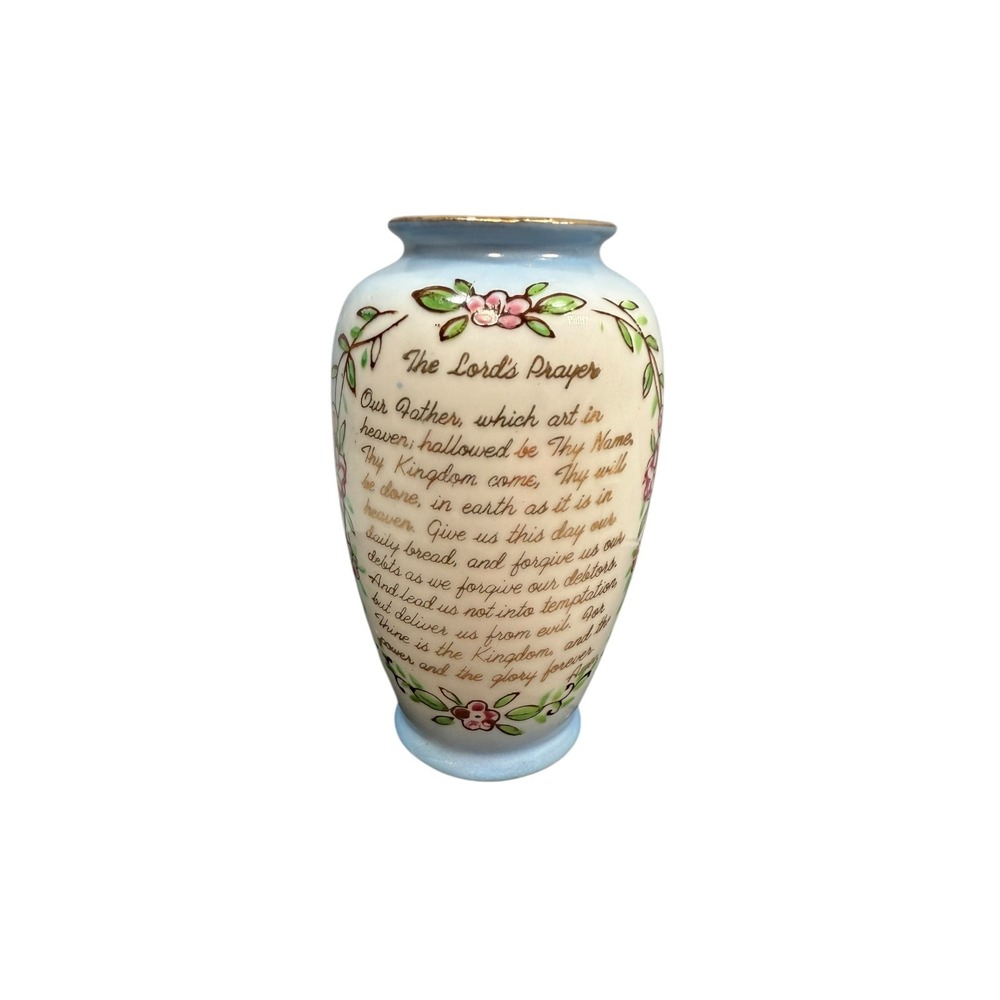 VTG Lord's Prayer‎ Mini Vase Floral Hand Painted Porcelain Blue Gilt Rim Collect - Picture 3 of 15